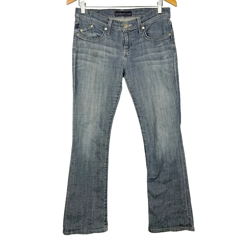 Rock & Republic Bootcut Jeans Womens 28 x 30 Blue Denim Low Rise Distressed Fade